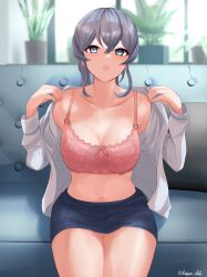 Rule 34 | 1girl, absurdres, blue eyes, blue hair, blurry, blurry background, bra, breasts, cleavage, collarbone, commentary request, couch, dangan kurabu, gotland (kancolle), hair between eyes, highres, indoors, kantai collection, large breasts, long hair, looking at viewer, mole, mole under eye, on couch, open clothes, open mouth, open shirt, panties, pantyshot, pink bra, shirt, sitting, skirt, solo, underwear, white panties, white shirt