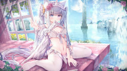Rule 34 | angel wings, blue eyes, bow, breasts, building, cameltoe, cleavage, clothes lift, flower, frills, front-tie top, grey hair, hair flower, hair ornament, heterochromia, highres, lifted by self, long hair, manman manyou haiyang de paomo, navel, ocean, original, purple eyes, rainbow, ribbon, small breasts, stomach, thighhighs, twintails, very long hair, virtual youtuber, white thighhighs, wings