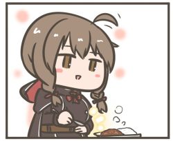 Rule 34 | 1girl, ahoge, black capelet, black dress, braid, brown hair, capelet, chibi, curry, curry rice, curse (023), dress, food, hood, hood down, hooded capelet, kantai collection, long hair, rice, shinshuu maru (kancolle), solo, spoon, twin braids, upper body