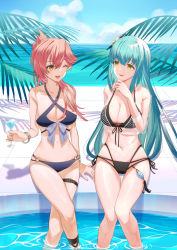 Rule 34 | arm up, bikini, blue hair, bow, bracelet, breasts, cleavage, cloud, cocktail glass, collarbone, crossed legs, cup, day, drinking glass, eiyuu densetsu, eyebrows, eyebrows hidden by hair, eyelashes, falcom, fishnet top, fishnets, flower, flower on head, hair between eyes, hand on own chin, highres, hoshikani, jewelry, kuro no kiseki, large breasts, legs, long hair, looking at another, navel, ocean, one eye closed, open mouth, orange eyes, outdoors, palm tree, pink hair, pool, ribbon, risette twinings, sara valestein, sen no kiseki, shiny skin, sitting, sky, stomach, swimsuit, thighs, tree, water, water drop, wet, wink, yellow eyes