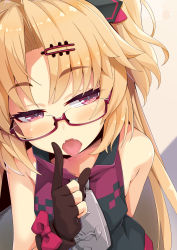 Rule 34 | 1girl, akatsuki uni, bare shoulders, black dress, blonde hair, bow, brown gloves, commentary request, dress, fangs, glasses, gloves, hair ornament, hairclip, half-closed eyes, highres, index finger raised, long hair, looking at viewer, ogami kazuki, one side up, open mouth, parted bangs, partially fingerless gloves, red-framed eyewear, red bow, red eyes, semi-rimless eyewear, sleeveless, sleeveless dress, solo, tongue, tongue out, under-rim eyewear, uni create, upper body, virtual youtuber