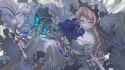 Rule 34 | 1girl, absurdres, blue butterfly, blue eyes, blue flower, blue rose, blurry, blurry background, blush, bouquet, bug, butterfly, closed mouth, dress, flower, frilled dress, frilled hat, frilled sleeves, frills, hat, highres, holding, holding bouquet, insect, light brown hair, light particles, long hair, long sleeves, looking to the side, multicolored hair, original, purple hair, rose, sitting, solo, streaked hair, stuffed animal, stuffed rabbit, stuffed toy, white dress, xxruazi