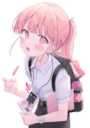 Rule 34 | 1girl, @ @, backpack, bag, belt, black bag, black belt, black skirt, blush, breasts, candy, candy jar, cellphone, collared shirt, folder, food, hair ornament, hairclip, highres, holding, holding candy, holding food, holding lollipop, jar, koyubita, lollipop, long hair, looking at viewer, marshmallow, open mouth, original, phone, pink eyes, pink hair, ponytail, shirt, short sleeves, simple background, skirt, small breasts, smartphone, solo, standing, tamagotchi, upper body, watch, white background, white shirt, wrapped candy, wristwatch