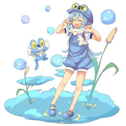 Rule 34 | 1girl, ^ ^, bad id, bad pixiv id, blue footwear, blue hair, blush stickers, bubble, cattail, closed eyes, creatures (company), froakie, full body, game freak, gen 6 pokemon, goggles, goggles on headwear, icywood, jumping, long hair, mary janes, nintendo, open mouth, outdoors, personification, plant, pointing, pointing at self, pokemon, pokemon (creature), shoes, smile, standing, water, yellow eyes