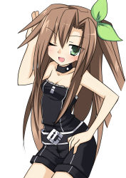 Rule 34 | 10s, 1girl, absurdres, bare shoulders, breasts, brown hair, female focus, green eyes, highres, if (neptunia), long hair, meimu (infinity), neptune (series), one eye closed, shorts, side ponytail, small breasts, smile, solo, wink
