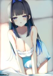 Rule 34 | 1girl, all fours, aties20, bare arms, bare shoulders, black hair, blue eyes, blue hair, blush, breasts, cleavage, collarbone, commentary request, dress, frilled dress, frills, hair intakes, half-closed eyes, hololive, hololive english, large breasts, long hair, looking at viewer, multicolored hair, ouro kronii, parted lips, sleeveless, sleeveless dress, solo, two-tone hair, very long hair, virtual youtuber, white dress