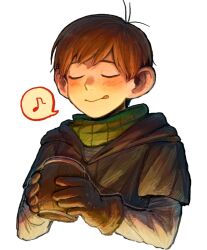 Rule 34 | 1123png, 1boy, blush, brown hair, chilchuck tims, closed eyes, closed mouth, commentary request, cup, dungeon meshi, gloves, green scarf, halfling, highres, holding, holding cup, male focus, musical note, scarf, short hair, simple background, smile, solo, spoken musical note, tongue, tongue out, upper body, white background