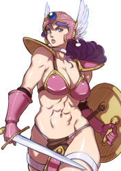 Rule 34 | 1girl, abs, armor, bikini, bikini armor, blue eyes, breasts, choker, chunsoft, cleavage, collarbone, curly hair, dragon quest, dragon quest iii, enix, female focus, gloves, helmet, highres, large breasts, lips, loincloth, long hair, muscular, navel, pauldrons, pink theme, purple hair, shield, shoulder armor, simple background, soldier (dq3), solo, square enix, swimsuit, sword, thigh strap, twinpoo, warrior, weapon, winged helmet