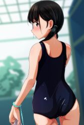 Rule 34 | 1girl, absurdres, ass, black hair, blue one-piece swimsuit, bracelet, brown eyes, bush, cowboy shot, dutch angle, from behind, hair over shoulder, highres, indoors, jewelry, long hair, looking at viewer, looking back, matsunaga kouyou, one-piece swimsuit, original, school swimsuit, solo, standing, swimsuit
