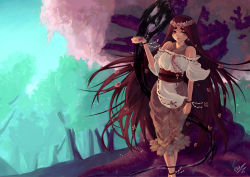 Rule 34 | 1girl, anklet, bloomers, bracelet, brown hair, cherry blossoms, detached sleeves, dress, eyebrows, flower, hair flower, hair ornament, head wreath, highres, jellypon, jewelry, long hair, looking at viewer, looking away, original, outdoors, red eyes, ribbon trim, sash, shide, signature, sleeveless, sleeveless dress, solo, standing, traditional clothes, tree, underwear, very long hair, wreath