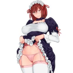 Rule 34 | 1girl, black choker, blue dress, bow choker, breasts, cameltoe, choker, closed mouth, clothes lift, crotch seam, dress, dress lift, frilled hairband, frills, frown, garter belt, glasses, hairband, highres, lace, lace-trimmed legwear, lace trim, large breasts, layered sleeves, lifting own clothes, long sleeves, looking at viewer, maid, onsen tamago (hs egg), open mouth, original, panties, pink panties, red eyes, red hair, rimless eyewear, short dress, short hair, short over long sleeves, short sleeves, simple background, solo, standing, sweatdrop, swept bangs, taeko (onsen tamago), thighhighs, underwear, white background, white hairband, white thighhighs