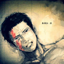 Rule 34 | 1boy, bad id, bad pixiv id, black hair, buraiden gai, clenched teeth, close-up, crying, from above, kudou gai, looking at viewer, looking up, lying, male focus, on back, parted lips, scar, simple background, solo, t k g, tears, teeth, topless male, translation request, yellow background