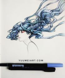 Rule 34 | 1girl, art tools in frame, blue hair, closed mouth, commentary, english commentary, eyeshadow, fish, floating hair, from side, grey background, highres, inktober, long hair, makeup, original, pen, photo (medium), portrait, profile, smile, solo, traditional media, watermark, web address, yuumei