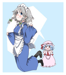 Rule 34 | 2girls, alternate costume, apron, ascot, black footwear, blue background, blue eyes, blue hair, blue kimono, blush, boots, bow, braid, breasts, commentary request, dress, frilled apron, frills, green bow, hair bow, hat, highres, izayoi sakuya, japanese clothes, kimono, kz oji, long sleeves, maid apron, maid headdress, medium breasts, mob cap, multiple girls, open mouth, pink dress, pink hat, puffy short sleeves, puffy sleeves, red ascot, remilia scarlet, short hair, short sleeves, silver hair, smile, touhou, twin braids, two-tone background, white background, wide sleeves