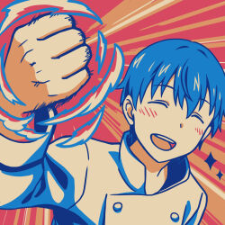 Rule 34 | 1boy, b lovkl, blue hair, blush, chef, clenched hand, closed eyes, hand up, open mouth, punching, simple background, souma hiroomi, working!!
