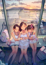 Rule 34 | 3girls, absurdres, airport, backpack, bag, belt, black hair, blue shorts, blunt bangs, cellphone, closed eyes, collarbone, commentary, crop top, dress, english commentary, flower bracelet, grin, hair ornament, hair scrunchie, hairclip, heart, heart-shaped eyewear, heart hands, highres, indoors, long hair, mixed-language commentary, miyako (tiny evil), muk (monsieur), multiple girls, one side up, original, phone, pink bag, pink belt, pink scrunchie, sana (tiny evil), scrunchie, short hair, short shorts, shorts, sidelocks, smile, sunglasses, tiny evil, white dress, white shorts, window, yurika (tiny evil)