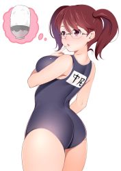 Rule 34 | 1girl, :o, ass, bad id, bad twitter id, bare shoulders, blush, bowl, breasts, brown hair, clothes writing, commentary request, curvy, finger to mouth, from behind, glasses, highres, kippuru, large breasts, long hair, mera chisato, name tag, nose blush, one-piece swimsuit, purple eyes, rice, rice bowl, saiki kusuo no psi nan, school uniform, simple background, solo, swimsuit, thought bubble, white background