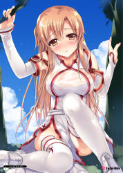 Rule 34 | 10s, 1girl, :o, asuna (sao), bad id, bad pixiv id, blush, breasts, brown eyes, brown hair, detached sleeves, full-face blush, holding, large breasts, long hair, long legs, looking at viewer, no panties, see-through, sitting, solo, sousouman, sword art online, taut clothes, thighhighs, wet, wet clothes, white thighhighs