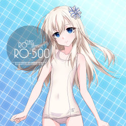 Rule 34 | 1girl, artist name, blonde hair, blue background, blue eyes, blush, character name, collarbone, commentary request, cowboy shot, cross, eyes visible through hair, flat chest, gluteal fold, hair between eyes, hair ribbon, inaba shiki, iron cross, kantai collection, logo, long hair, looking at viewer, old school swimsuit, one-hour drawing challenge, one-piece swimsuit, plaid, plaid background, ribbon, school swimsuit, smile, solo, standing, swimsuit, u-511 (kancolle), white school swimsuit, white one-piece swimsuit