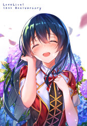 Rule 34 | 1girl, absurdres, blue hair, blush, bokura no live kimi to no life, closed eyes, floral background, flower, hair between eyes, hand in own hair, highres, hydrangea, isaya (pixiv4541633), long hair, love live!, love live! school idol project, open mouth, smile, solo, sonoda umi, upper body