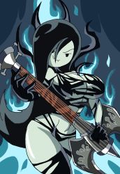 Rule 34 | 1girl, adventure time, arms up, bare shoulders, black gloves, black hair, blue fire, breasts, brutal legend, cartoon network, cleavage, cosplay, crossover, curvy, demon, demon girl, drowned ophelia, emo, fire, fire, gloves, goth fashion, gothic, guitar, highres, instrument, long hair, looking at viewer, manic47, marceline abadeer, midriff, monster, monster girl, shiny skin, solo, standing, vampire, very long hair, video game, weapon, wide hips