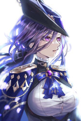Rule 34 | 1girl, 30 byou suwa, ascot, blue ascot, breasts, clorinde (genshin impact), commentary request, epaulettes, genshin impact, hat, highres, long hair, medium breasts, parted lips, purple eyes, purple hair, shirt, solo, tricorne, upper body, white hair, white shirt