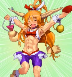 Rule 34 | 1girl, :d, ^ ^, abs, alcohol, alternate costume, anshinmama, armpit hair, armpits, arms up, bike shorts, bow, breasts, chain, closed eyes, crop top, cuffs, cup, fang, female focus, female pubic hair, geta, hair ornament, hair ribbon, happy, horn ornament, horn ribbon, horns, ibuki suika, long hair, midriff, muscular, muscular child, navel, no bra, no panties, open mouth, orange hair, outstretched arms, ponytail, pubic hair, ribbon, sakazuki, sake, sandals, skirt, small breasts, smile, socks, solo, speed lines, spread arms, standing, touhou, underboob, very long hair