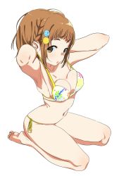 Rule 34 | 1girl, armpits, bare legs, barefoot, bikini, breasts, brown eyes, brown hair, commentary request, feet, full body, highres, looking at viewer, medium breasts, navel, open mouth, original, print bikini, seiza, side-tie bikini bottom, sitting, solo, stomach, swimsuit, telephoto, toes, transparent background