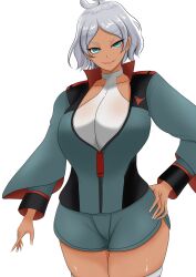 Rule 34 | 1girl, alternate breast size, asticassia school uniform, blue eyes, breasts, dark-skinned female, dark skin, green jacket, green shorts, grey hair, gundam, gundam suisei no majo, halterneck, hand on own hip, head tilt, highres, jacket, koneruhaiko, large breasts, looking at viewer, nail polish, open clothes, open jacket, open mouth, secelia dote, shiny skin, short hair, shorts, simple background, smile, solo, thick thighs, thighhighs, thighs, white thighhighs, wide hips