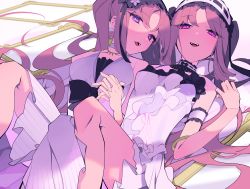 Rule 34 | 2girls, :d, absurdres, bare shoulders, breasts, choker, dress, euryale (fate), euryale (third ascension) (fate), fate/hollow ataraxia, fate (series), frills, hairband, highres, holding hands, jewelry, kania, lolita hairband, long hair, looking at viewer, lying, mirror, multiple girls, necklace, on back, open mouth, purple eyes, purple hair, siblings, sisters, smile, stheno (fate), teeth, twintails, very long hair