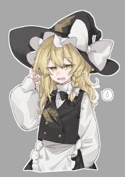 Rule 34 | 1girl, absurdres, apron, black hat, black vest, blonde hair, bow, braid, buttons, chu (yuzumeno), commentary request, cropped legs, dress, eyes visible through hair, frilled apron, frills, grey background, hair between eyes, hair bow, hand in pocket, hand up, hat, hat bow, highres, kirisame marisa, long hair, long sleeves, looking at viewer, open mouth, outline, puffy long sleeves, puffy sleeves, side braid, simple background, single braid, solo, spoken sweatdrop, sweatdrop, touhou, upper body, vest, white apron, white bow, white dress, white outline, witch hat, yellow eyes