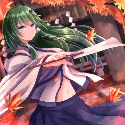 Rule 34 | 1girl, absurdres, autumn leaves, blue eyes, blue skirt, blurry, closed mouth, collared shirt, commentary request, cowboy shot, depth of field, detached sleeves, fingernails, frog hair ornament, gohei, green hair, hair ornament, hair tubes, highres, kochiya sanae, leaf, long hair, looking at viewer, midriff, navel, rope, shide, shimenawa, shiranui (wasuresateraito), shirt, shrine, skirt, sleeveless, sleeveless shirt, smile, snake hair ornament, solo, split mouth, touhou, tree, white shirt, white sleeves, wide sleeves