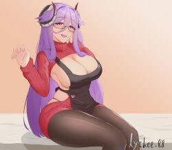 Rule 34 | 1girl, absurdres, apron, artist name, azur lane, black-framed eyewear, black apron, black horns, breast cutout, breasts, brown pantyhose, cleavage, collared sweater, commentary, curled horns, english commentary, friedrich carl (a game of love) (azur lane), friedrich carl (azur lane), hand on own cheek, hand on own face, highres, horns, huge breasts, long hair, looking at viewer, lychee 88, mature female, mole, mole under mouth, official alternate costume, open mouth, pantyhose, purple eyes, purple hair, red sweater, semi-rimless eyewear, simple background, sitting, solo, sweater