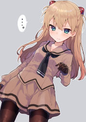 Rule 34 | ..., 1girl, bad id, bad tumblr id, black necktie, blue eyes, blush, brown gloves, brown pantyhose, brown sailor collar, brown shirt, brown skirt, closed mouth, embarrassed, fine fabric emphasis, gloves, grey background, headgear, highres, ikeuchi tanuma, long hair, looking at viewer, necktie, neon genesis evangelion, neon genesis evangelion gakuen datenroku, pantyhose, sailor collar, school uniform, serafuku, shirt, simple background, skirt, solo, souryuu asuka langley, spoken ellipsis, standing, two side up