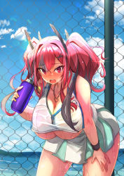 Rule 34 | 1girl, :o, azur lane, bare shoulders, blue sky, bottle, breasts, bremerton (azur lane), bremerton (scorching-hot training) (azur lane), chain-link fence, cleavage, cloud, crop top, crop top overhang, day, fence, hair between eyes, hair ornament, headgear, heart, heart necklace, highres, holding, holding bottle, kanbukusai, large breasts, leaning forward, multicolored hair, necklace, open mouth, pleated skirt, see-through, shirt, skirt, sky, sleeveless, sleeveless shirt, sportswear, streaked hair, sweat, tennis uniform, thighs, two-tone skirt, two side up, underboob, water bottle, white skirt, x hair ornament