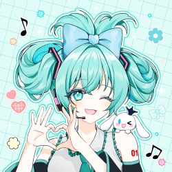 Rule 34 | 1girl, ;d, beamed eighth notes, black sleeves, blue bow, bow, cinnamiku, cinnamoroll, collared shirt, commentary, crown, detached sleeves, eighth note, frilled shirt, frilled shirt collar, frills, green eyes, green hair, hair between eyes, hair bow, hands up, hatsune miku, heart, heart hands, long sleeves, mamel 27, mini crown, musical note, one eye closed, open mouth, outline, sanrio, shirt, sleeveless, sleeveless shirt, smile, solo, star (symbol), symbol-only commentary, upper body, vocaloid, white outline, white shirt, wide sleeves