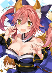 Rule 34 | 10s, 1boy, 1girl, animal ears, bare shoulders, blue kimono, blush, breasts, brown eyes, brown hair, chibi, chibi inset, cleavage, collarbone, copyright name, detached collar, fang, fate/extra, fate (series), food, fox ears, fox tail, highres, japanese clothes, jitome, kimono, kishinami hakuno (male), large breasts, long hair, obi, open mouth, paw pose, pink hair, retsuto, sash, smile, solo focus, tail, tamamo no mae (fate/extra), tofu, twintails, yellow eyes