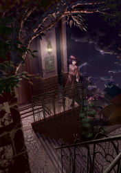 Rule 34 | 1girl, against railing, bad id, bad pixiv id, blouse, boots, brick wall, brown footwear, building, buntooi, bush, city, city lights, fantasy, from above, house, ironwork, knee boots, lamp, lantern, leaning against railing, light, long skirt, long sleeves, looking away, looking back, night, ocean, original, outdoors, pink shirt, plant, purple hair, purple skirt, railing, red skirt, scenery, shirt, shore, short hair, sign, skirt, solo, stairs, stone floor, tree