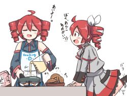 Rule 34 | 1koma, 2girls, ahoge, bag, bare shoulders, blue shirt, blue sleeves, bow, closed eyes, comic, commentary, cooking, cowboy shot, detached sleeves, dorayaki, drill hair, dual persona, epaulettes, excited, fire, food, from side, frying pan, grey jacket, grey skirt, hair bow, highres, holding pan, jacket, kasane teto, kasane teto (sv), kenno9mp40, leaning forward, leg up, light blush, looking at another, measuring cup, miniskirt, motion lines, multiple girls, open mouth, pleated skirt, pouring, red eyes, red hair, red trim, shirt, short hair, skirt, sleeveless, sleeveless shirt, smile, steam, stove, synthesizer v, translated, twin drills, uniform, utau, wagashi, white bow