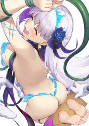 Rule 34 | 1girl, ass, back, bare shoulders, blue fire, blue hair, blush, body markings, bracelet, breasts, closed eyes, earrings, fate/grand order, fate (series), feet, fire, flower, hair flower, hair ornament, hair ribbon, highres, jewelry, kama (fate), kama (swimsuit avenger) (fate), large breasts, laughing, long hair, lotus, multicolored hair, no bra, no panties, open mouth, pinta (ayashii bochi), restrained, revealing clothes, ribbon, sideboob, simple background, smile, solo, star (symbol), star earrings, thighs, tickle torture, tickling, tickling feet, tickling stomach, toes, two-tone hair, white background, white hair
