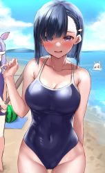 Rule 34 | 2girls, arm behind back, beach, black hair, blue one-piece swimsuit, blue sky, breasts, cloud, commentary request, competition school swimsuit, covered eyes, covered navel, cowboy shot, day, groin, happy meek (umamusume), highres, kiryuuin aoi, large breasts, mejiro mcqueen (umamusume), multiple girls, one-piece swimsuit, outdoors, purple eyes, school swimsuit, sg (esujii), short hair, skin tight, sky, solo focus, suikawari, swimsuit, thighs, trainer (umamusume), umamusume