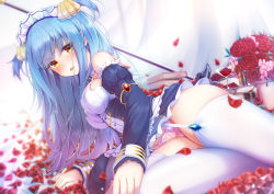 Rule 34 | 1girl, arm support, azur lane, bare shoulders, blue hair, book, breasts, cherry blossoms, cup, curtains, detached sleeves, drinking glass, eyes visible through hair, flower, frilled skirt, frills, garter straps, hair ornament, imo bouya, lace, lace panties, long hair, looking at viewer, lying, maid headdress, medium breasts, neptune (azur lane), on side, open mouth, panties, parted lips, petals, pink panties, ribbon, rose, rose petals, shell hair ornament, skindentation, skirt, solo, thighhighs, thighs, two side up, underwear, white thighhighs, wine glass, yellow eyes