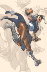 Rule 34 | 1girl, arnold tsang, ass, boots, bracelet, bun cover, capcom, china dress, chinese clothes, chun-li, double bun, dress, highres, jewelry, open mouth, pantyhose, pelvic curtain, solo, spiked bracelet, spikes, street fighter, udon entertainment, zoom layer