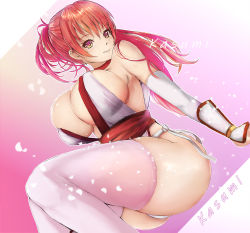 Rule 34 | 1girl, arm guards, ass, bare shoulders, blush, breasts, brown eyes, brown hair, character name, choker, cleavage, closed mouth, commentary request, dead or alive, dead or alive 2, elbow gloves, gloves, gradient background, highres, japanese clothes, kasumi (doa), large breasts, lips, long hair, looking at viewer, mobius (pixiv1039246), ninja, panties, petals, pink thighhighs, revealing clothes, shiny skin, simple background, sitting, sleeveless, solo, thighhighs, thighs, underwear, white gloves