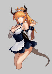 Rule 34 | 1girl, aako, absurdres, alternate costume, apron, bare shoulders, blonde hair, blue eyes, bow, bowsette, bowtie, breasts, cleavage, collar, cropped legs, earrings, enmaided, frills, grey background, highres, horns, jewelry, large breasts, long hair, looking at viewer, looking to the side, maid, mario (series), miniskirt, new super mario bros. u deluxe, nintendo, parted lips, pointy ears, ponytail, shiny clothes, simple background, skirt, solo, spiked collar, spiked tail, spikes, standing, super crown, tail, waist apron