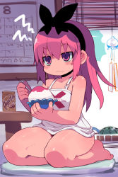 Rule 34 | &gt;:|, 1girl, :|, annoyed, bare arms, bare legs, bare shoulders, barefoot, black bow, blush stickers, bow, brand name imitation, calendar, can, closed mouth, cup, cushion, day, dress, food, fruit, hair between eyes, hair bow, hairband, highres, holding, holding cup, holding spoon, indoors, long hair, pink eyes, pink hair, seiza, shaved ice, sitting, solo, spoon, table, v-shaped eyebrows, watermelon, white dress, zankuro