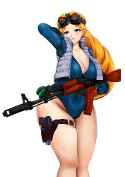Rule 34 | 1girl, absurdres, ak-47, alternate costume, alternate hairstyle, assault rifle, belt, blonde hair, blue eyes, blue leotard, blush, breasts, cameltoe, cleavage, cleft of venus, collarbone, explosive, eyebrows, gloves, goggles, goggles on head, grenade, grey vest, gun, handgun, highres, holster, kalashnikov rifle, kolin, large breasts, leotard, leviathan 005, lips, long hair, long sleeves, open clothes, open vest, parted lips, pistol, rifle, skin tight, solo, standing, street fighter, street fighter v, thick thighs, thigh holster, thighs, unzipped, vest, weapon, wide hips