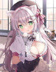 Rule 34 | 1girl, :p, animal ear fluff, animal ears, black headwear, black skirt, blush, bra, breasts, cat ears, cat tail, cleavage, commentary request, cream, cream on breasts, frilled shirt, frills, gloves, green eyes, grey hair, hair between eyes, hair ornament, hair ribbon, hairclip, highres, holding, holding whisk, indoors, large breasts, long hair, looking at viewer, mikeou, original, pink bra, ribbon, shirt, skirt, solo, tail, tongue, tongue out, twintails, underwear, whisk, white gloves, white shirt, window