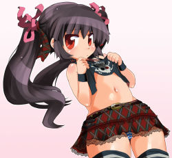 Rule 34 | black hair, clothes lift, flat chest, kooh, navel, pangya, panties, red eyes, sasago kaze, shirt lift, skirt, skull and crossbones, striped clothes, striped panties, tank top, thighhighs, twintails, underwear