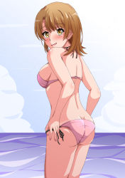 Rule 34 | 1girl, ass, blue sky, breasts, brown eyes, brown hair, cloud, commentary request, day, from behind, highres, horizon, isshiki iroha, konoyan, looking at viewer, looking back, medium breasts, medium hair, ocean, outdoors, sky, solo, yahari ore no seishun lovecome wa machigatteiru.